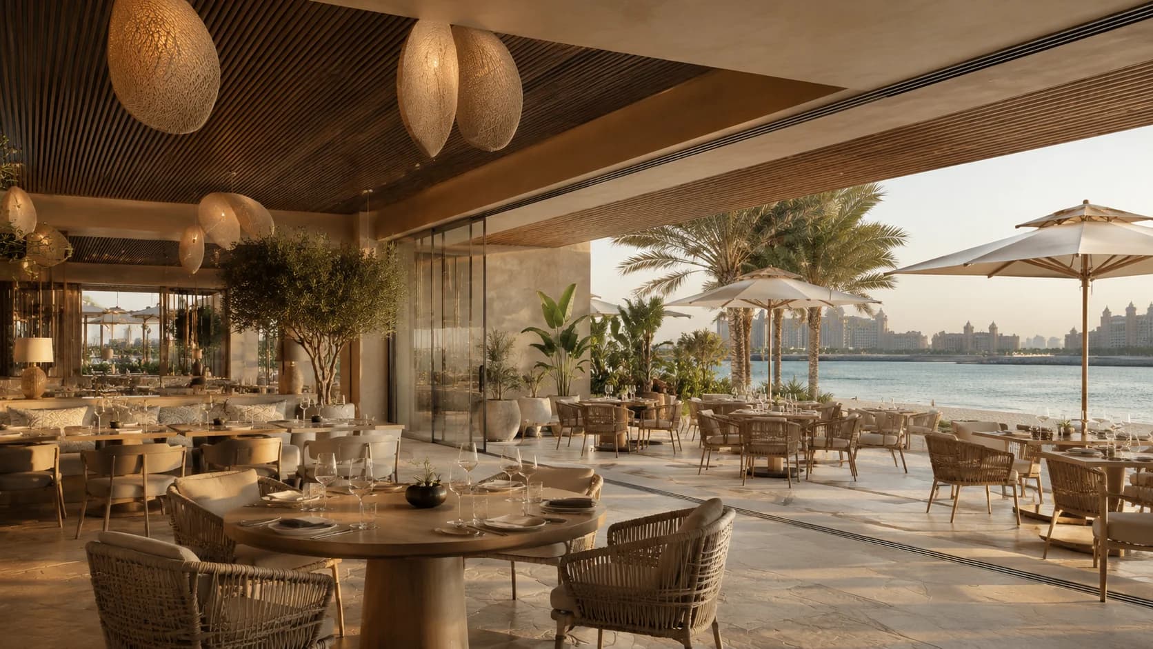 Luxury Beachfront Restaurant Interior Palm Jumeirah Luxury beachfront restaurant interior in Palm Jumeirah opening toward the Arabian Gulf