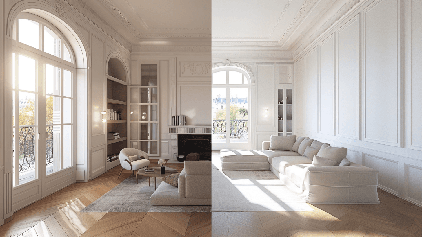 Before and after comparison of a villa renovation project in Dubai