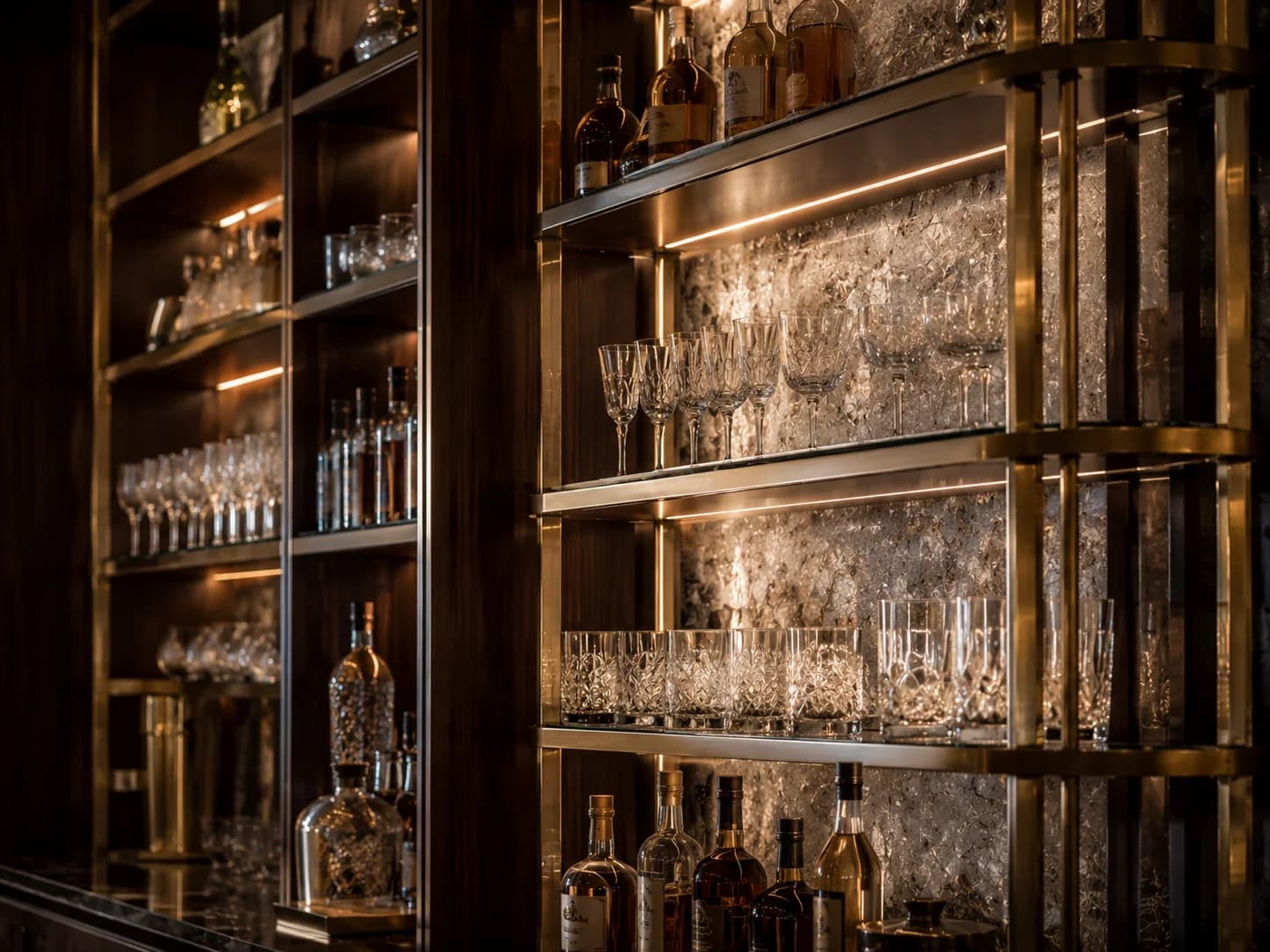 Bespoke Restaurant Back Bar Joinery Dubai Close-up of illuminated bespoke restaurant back bar with brass and walnut detailing