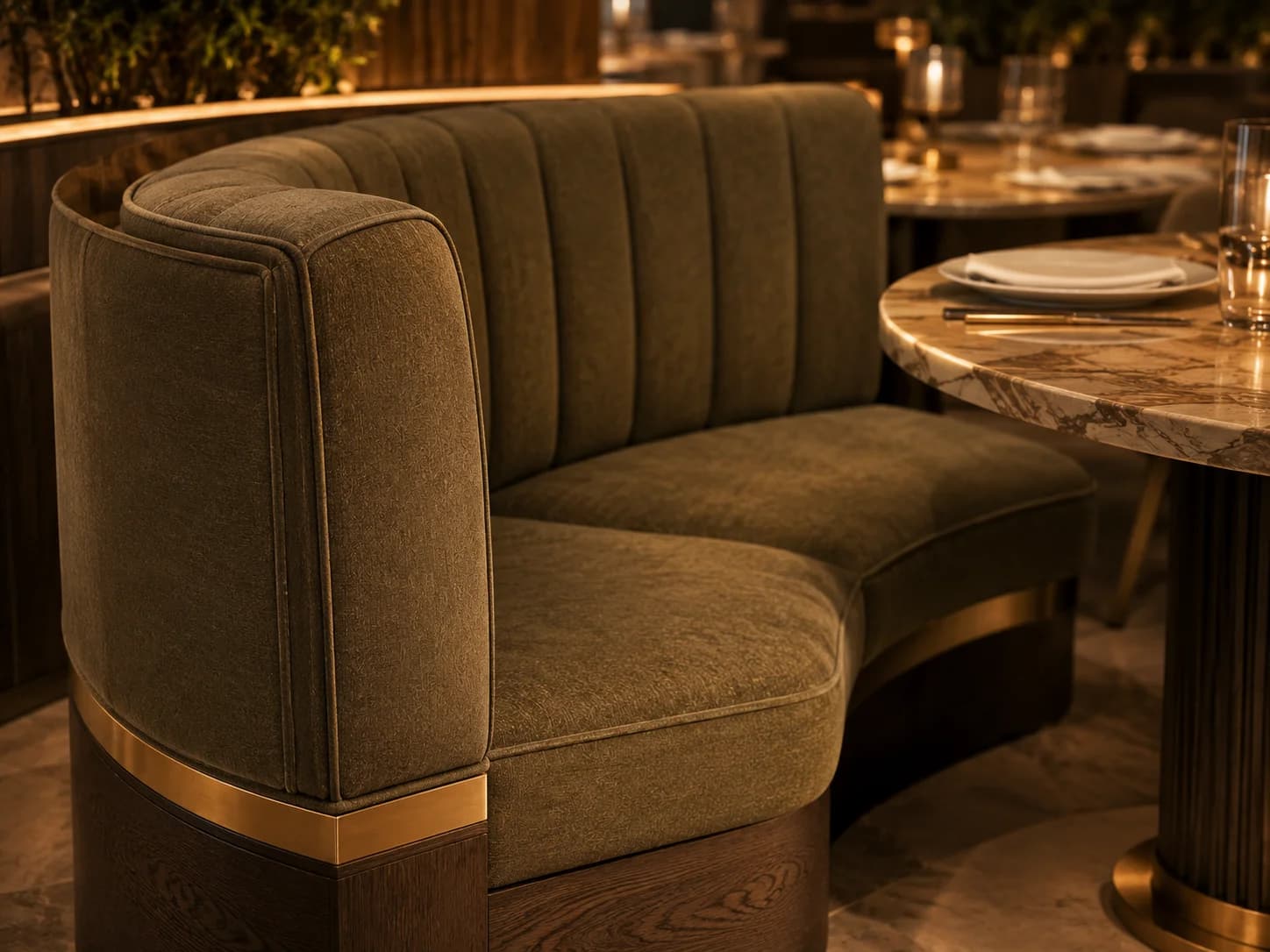 Bespoke Restaurant Banquette Seating Dubai Close-up of bespoke upholstered restaurant banquette with tailored detailing