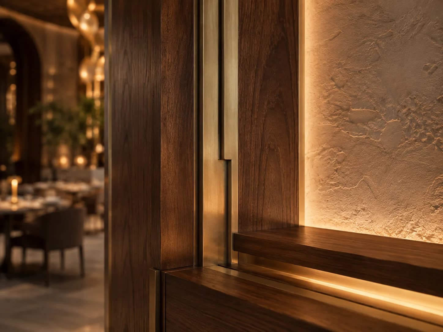 Bespoke Restaurant Joinery Detail Dubai Close-up of bespoke walnut restaurant joinery with brass detailing and integrated lighting