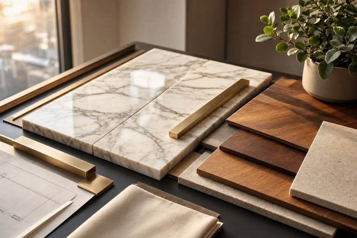 Best luxury penthouse interior materials including Italian marble, veneered wood, and brushed metals by Casa Kraft