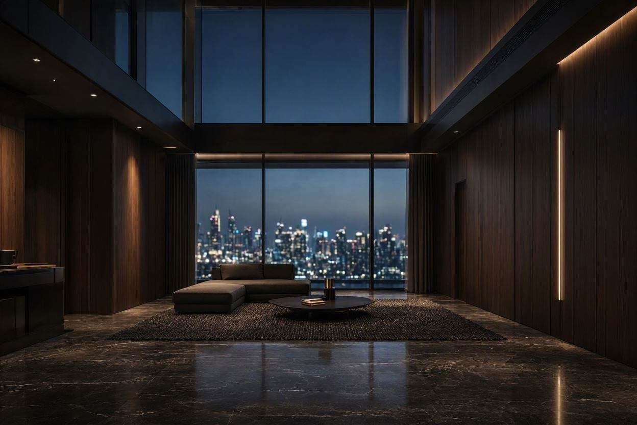 Panoramic dark luxury penthouse interior background for Casa Kraft design consultation banner