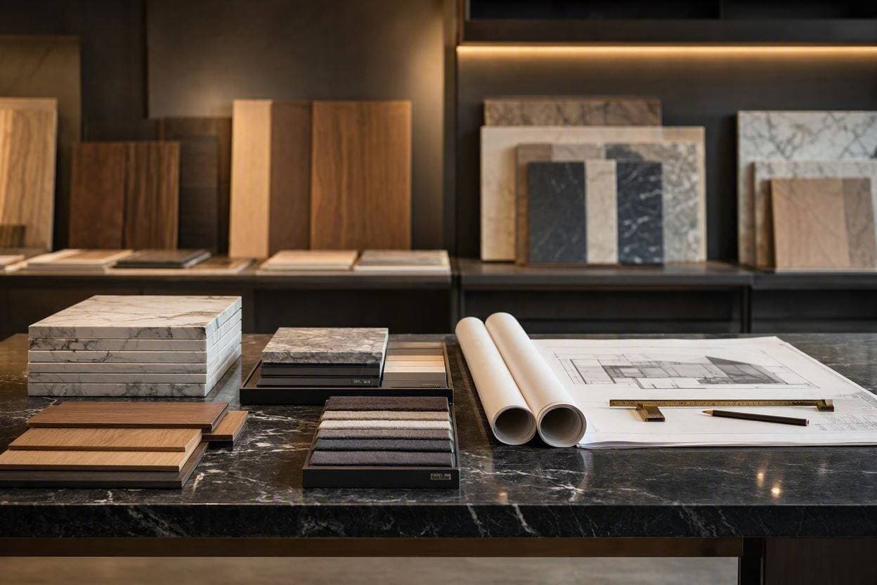 Interior design material samples and 3D penthouse plans at Casa Kraft showroom Sheikh Zayed Road Dubai