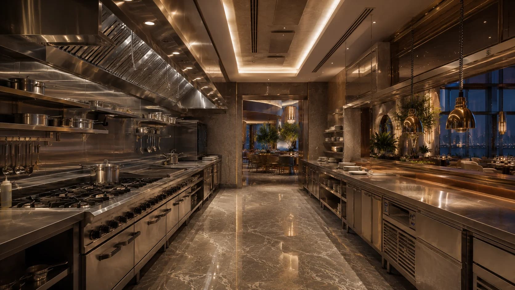 Commercial Restaurant Kitchen and Back-of-House Design Dubai Professional commercial restaurant kitchen coordinated with the dining area in Dubai
