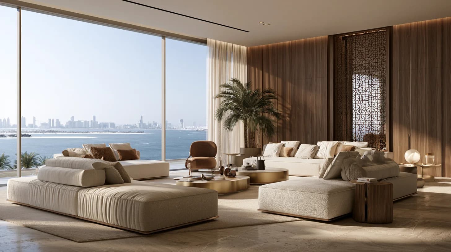 Contemporary Majlis Apartment Design Palm Jumeirah Contemporary majlis-inspired seating area in a luxury Palm Jumeirah apartment