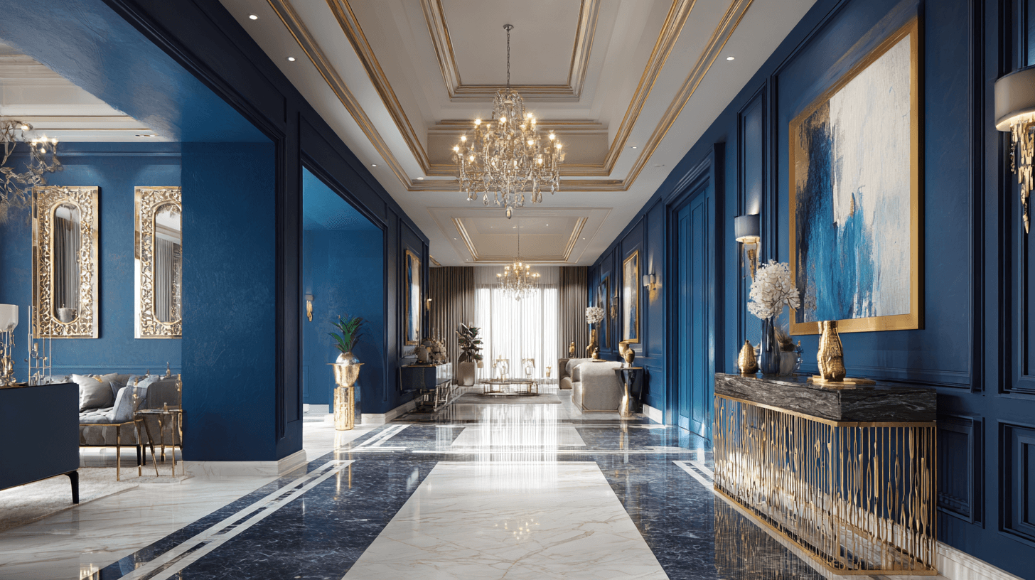 Modern luxury villa living room interior design in Dubai with double height glass windows