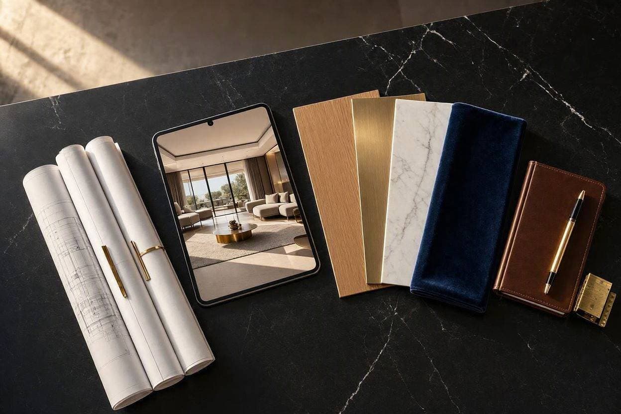 Interior design tools, material samples, and 3D renders on a desk symbolizing the villa design and authority approval process in Dubai by Casa Kraft.