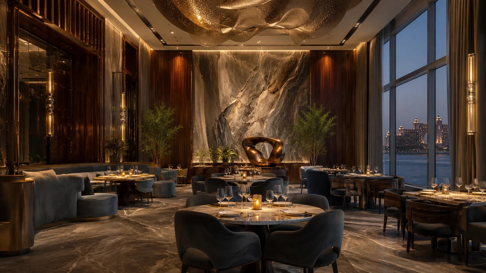Luxury Fine Dining Restaurant Interior Palm Jumeirah Luxury fine dining restaurant interior in Palm Jumeirah with custom furniture and waterfront views