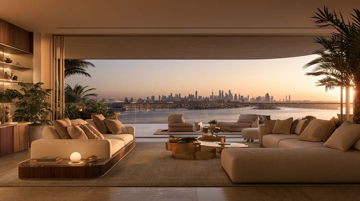 Luxury Apartment Interior Palm Jumeirah Dubai Luxury Palm Jumeirah apartment interior overlooking the Dubai coastline at golden hour