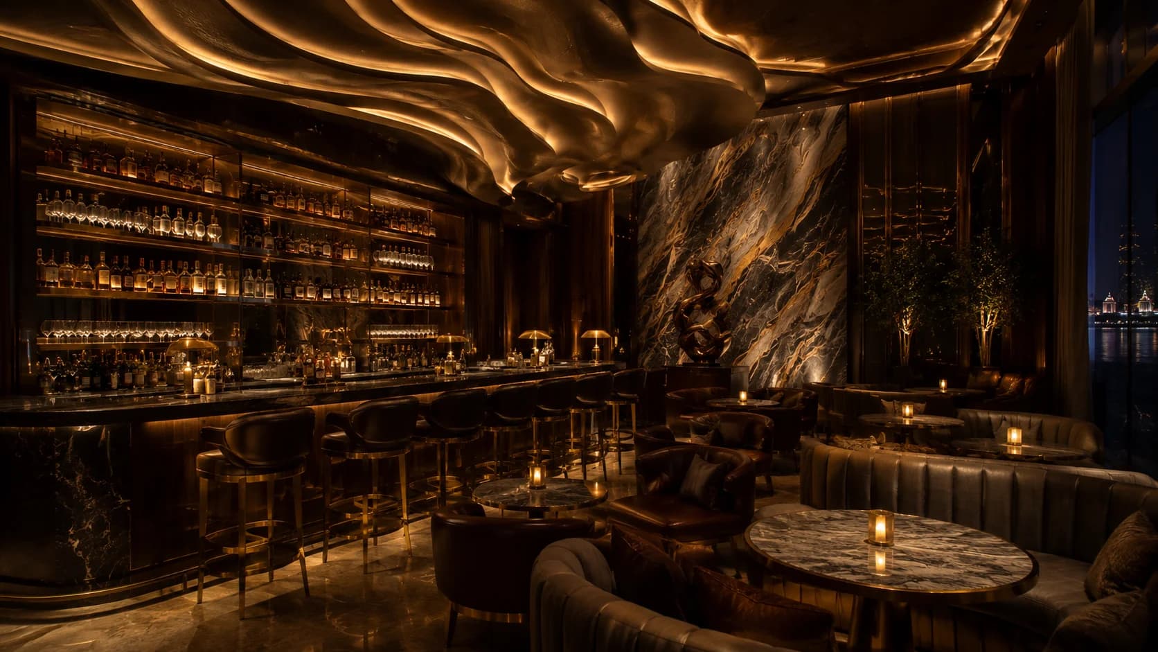 Luxury Bar and Lounge Interior Design Dubai Luxury Dubai bar and lounge with sculptural ceiling, custom bar and atmospheric lighting