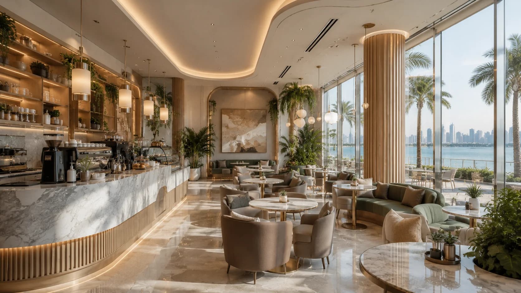 Luxury Café Interior Design Palm Jumeirah Contemporary luxury café interior with natural daylight and custom oak joinery in Palm Jumeirah