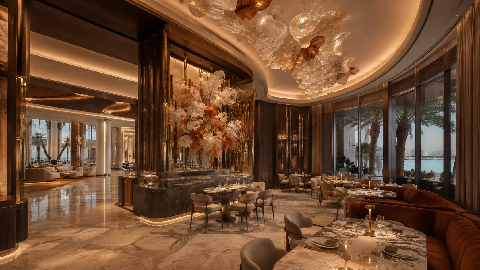 Luxury Hotel Restaurant Interior Design Palm Jumeirah Five-star hotel restaurant interior design with luxury materials in Palm Jumeirah
