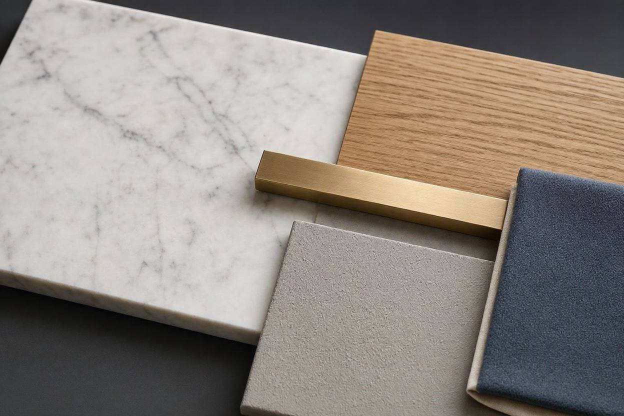 Premium villa interior materials including marble, hard wood, and luxury fabrics by Casa Kraft Dubai