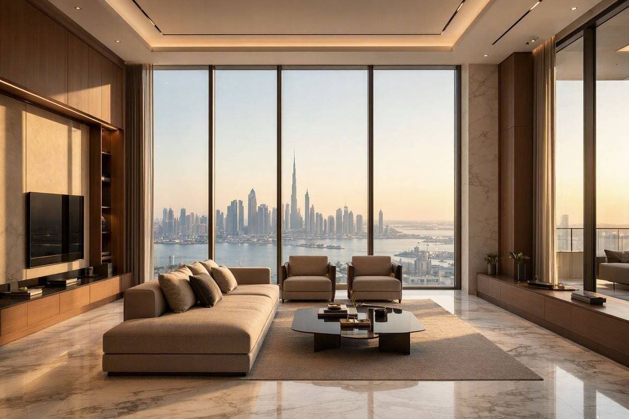 Luxury penthouse interior design in Palm Jumeirah Dubai featuring double-height ceiling and panoramic skyline views by Casa Kraft