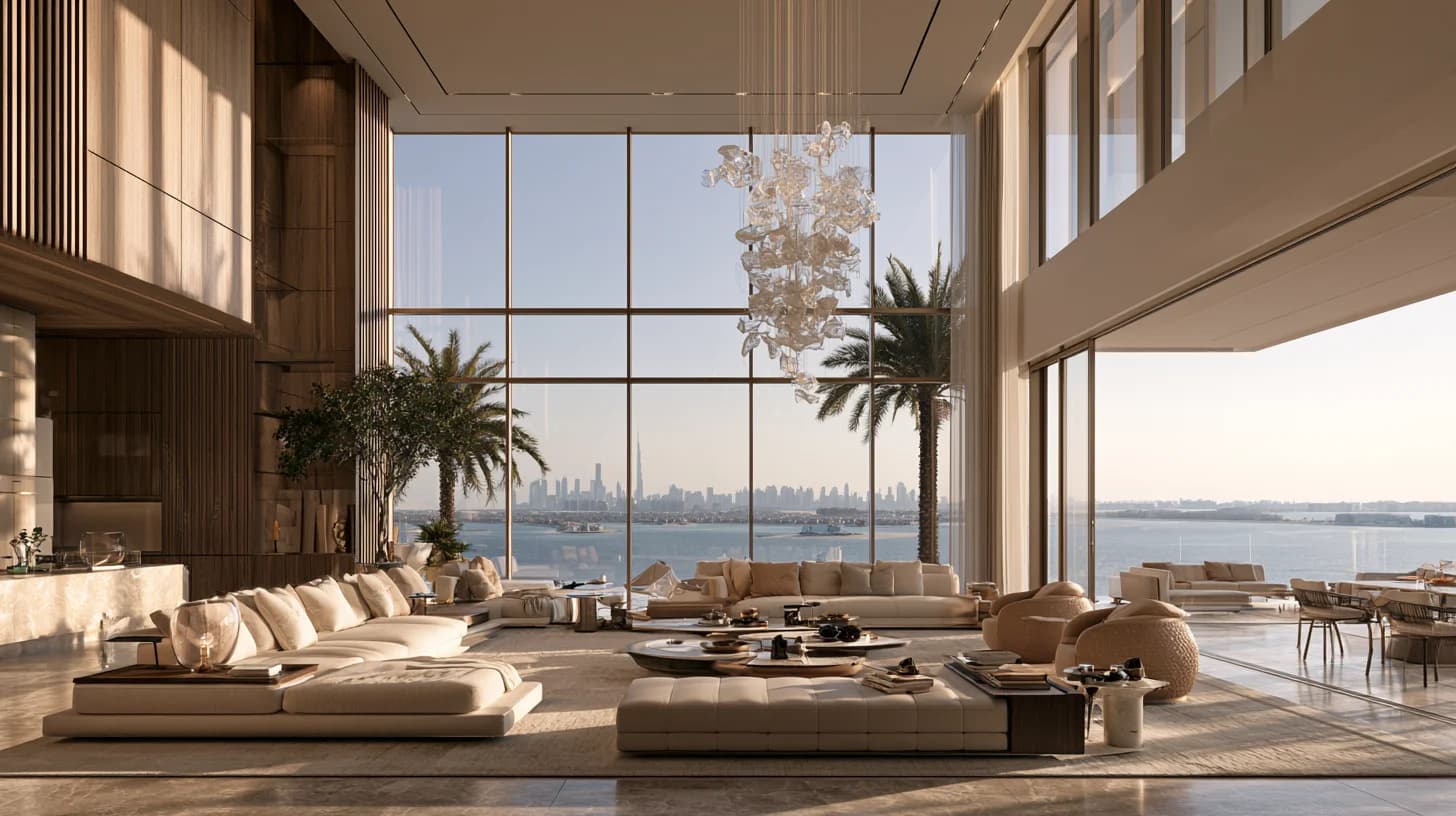Luxury Penthouse Interior Palm Jumeirah Luxury penthouse interior in Palm Jumeirah with panoramic Dubai views