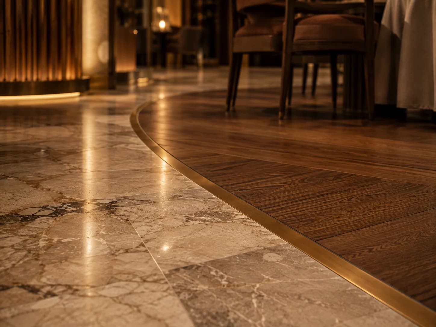 Luxury Restaurant Flooring Detail Dubai Close-up of natural stone, timber and brass flooring transition in a luxury restaurant