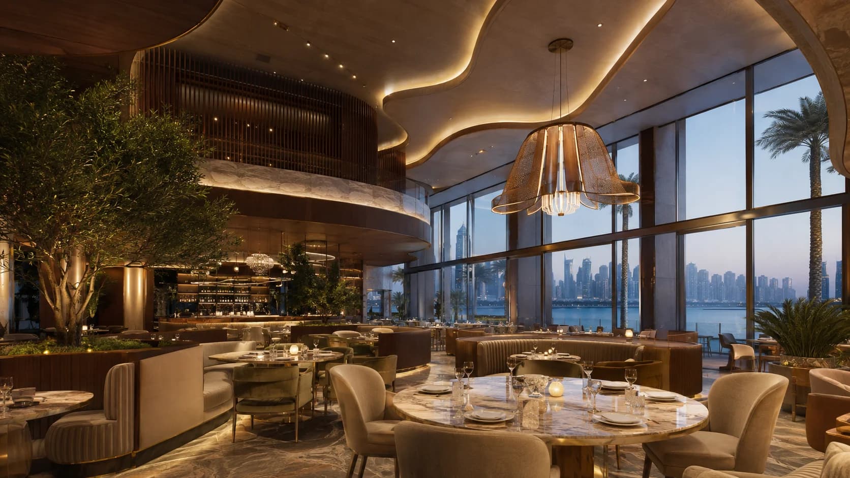 Luxury Restaurant Interior Design Palm Jumeirah Luxury restaurant interior design in Palm Jumeirah with contemporary finishes and waterfront views