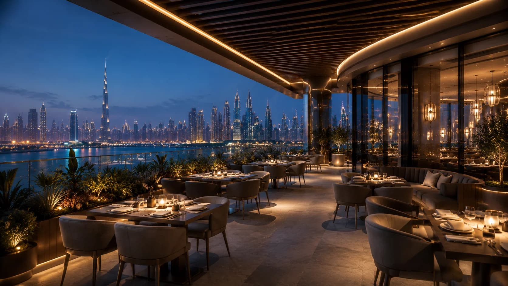 Luxury Rooftop Restaurant Interior Design Dubai Luxury rooftop restaurant in Dubai with panoramic skyline views and low-profile dining furniture
