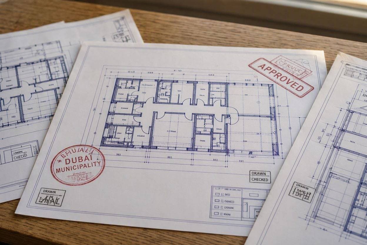 Delaying Authority Approvals Mistake Commercial office blue prints and Nakheel approval documents