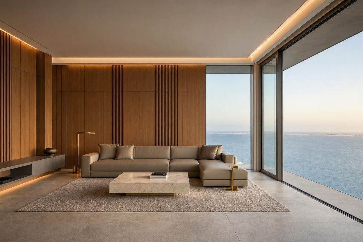 Modern minimalist penthouse interior design with neutral color palette and water views by Casa Kraft