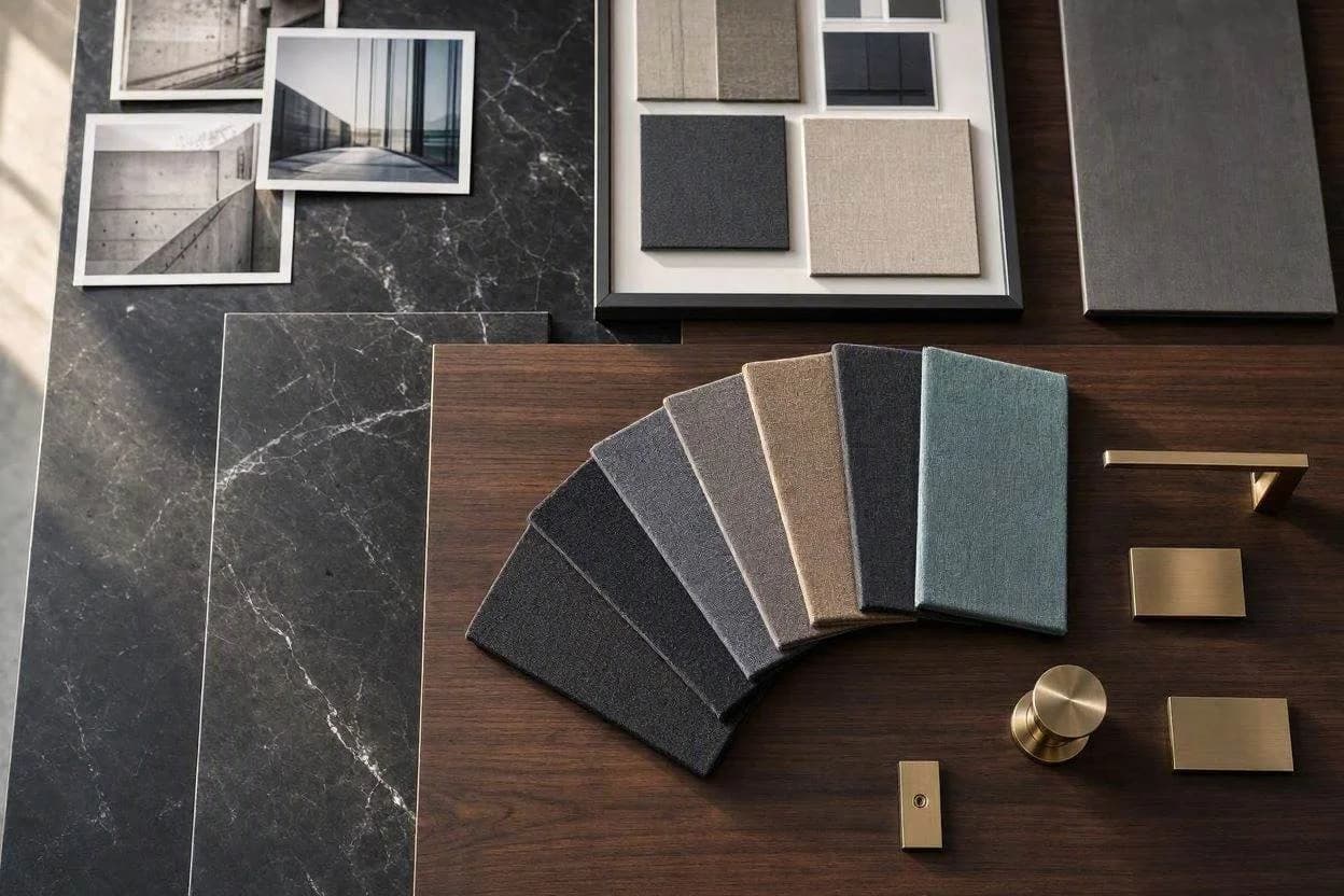 Wood Veneer and Marble Office Interior Office interior with wood veneer and marble finishes