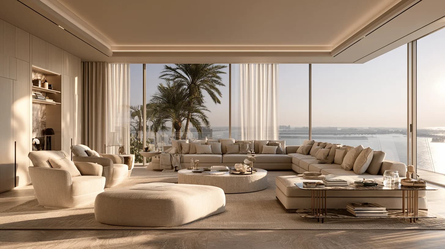 Palm Jumeirah Apartment Interior With Sea View Luxury Palm Jumeirah apartment living area designed around panoramic sea views