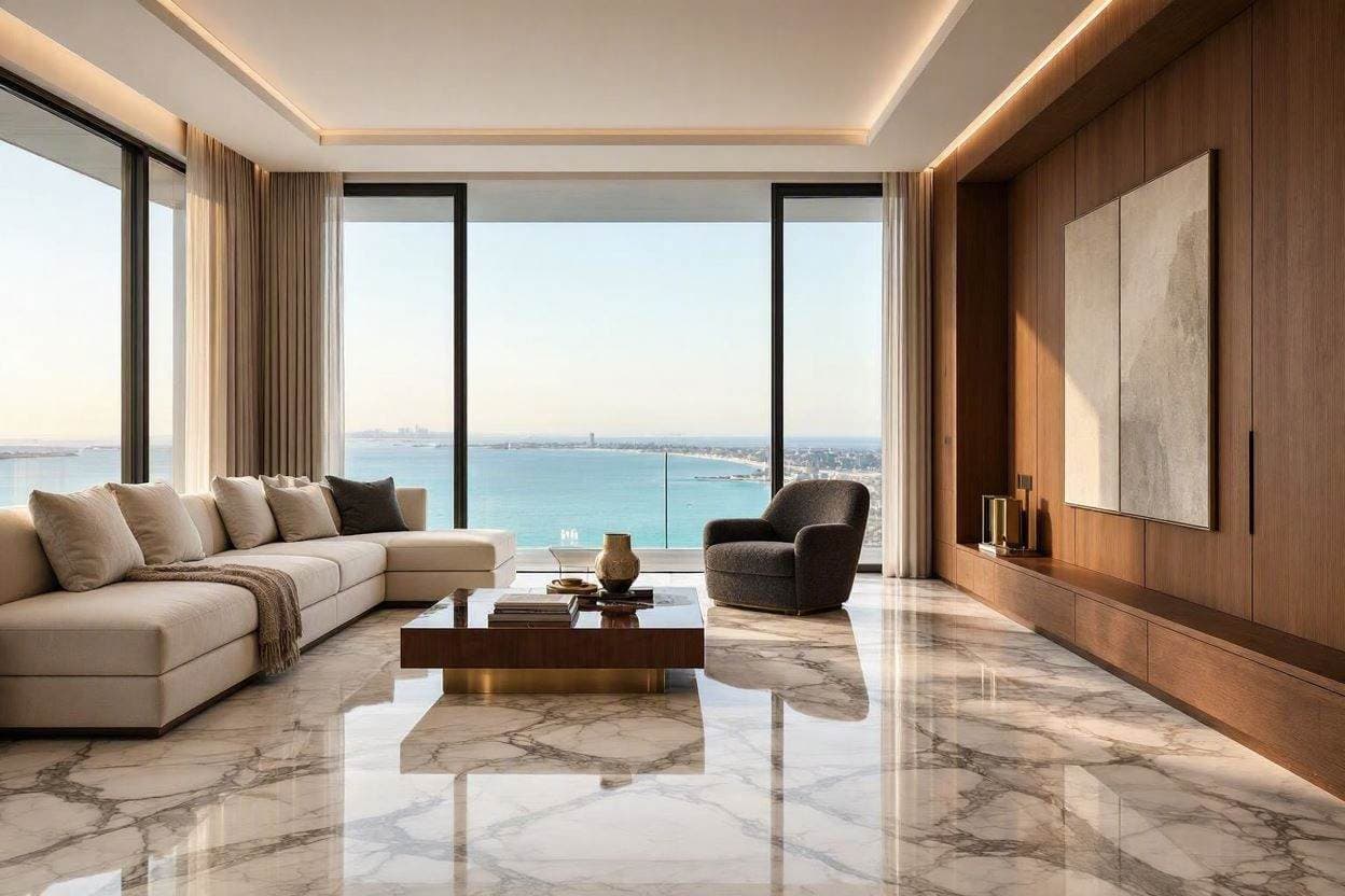 Luxury Palm Jumeirah penthouse interior featuring premium marble finishes and bespoke joinery by Casa Kraft