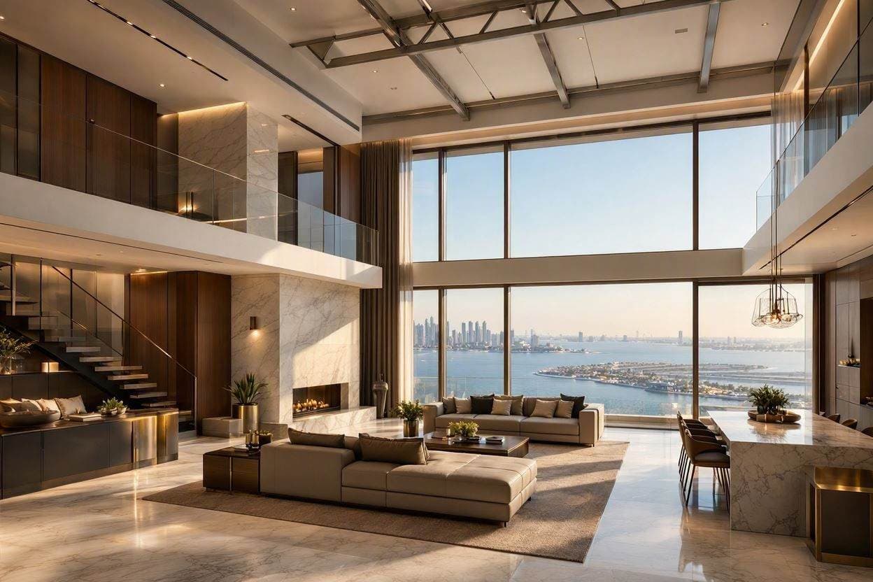Double-height ceiling and floor-to-ceiling glazing in a Palm Jumeirah luxury penthouse by Casa Kraft