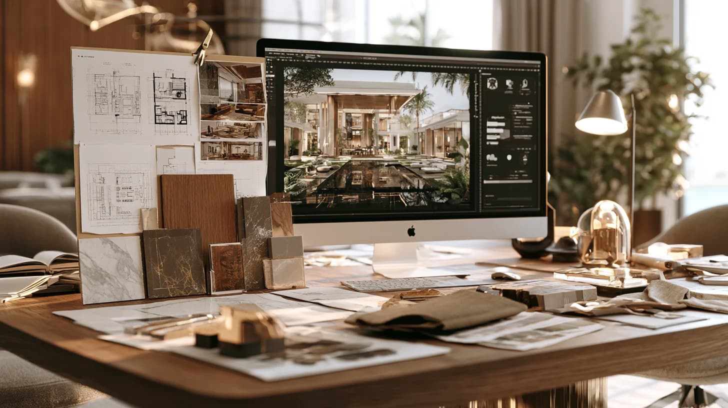 Luxury interior design workstation with villa blueprints, material samples, and 3D renders at Casa Kraft Dubai