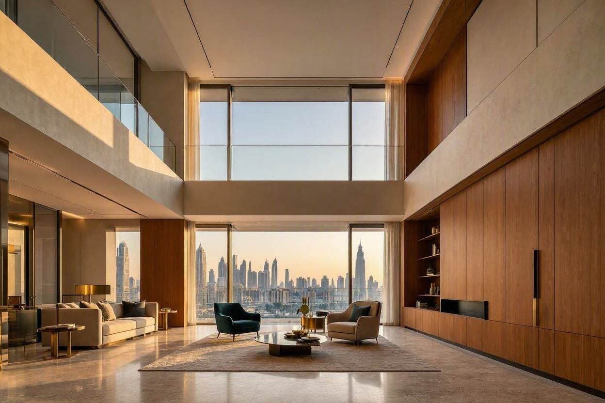 Comparison of double-height glazing and bespoke joinery in luxury penthouse vs standard apartment interior design