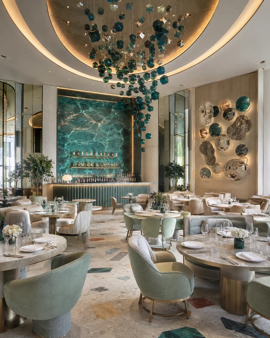 Restaurant Space Planning and Dining Layout Dubai Well-planned luxury restaurant dining layout with comfortable table spacing and clear circulation