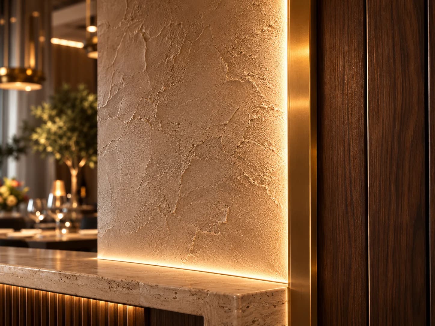 Restaurant Wall Lighting Detail Dubai Close-up of architectural lighting highlighting textured restaurant wall finishes