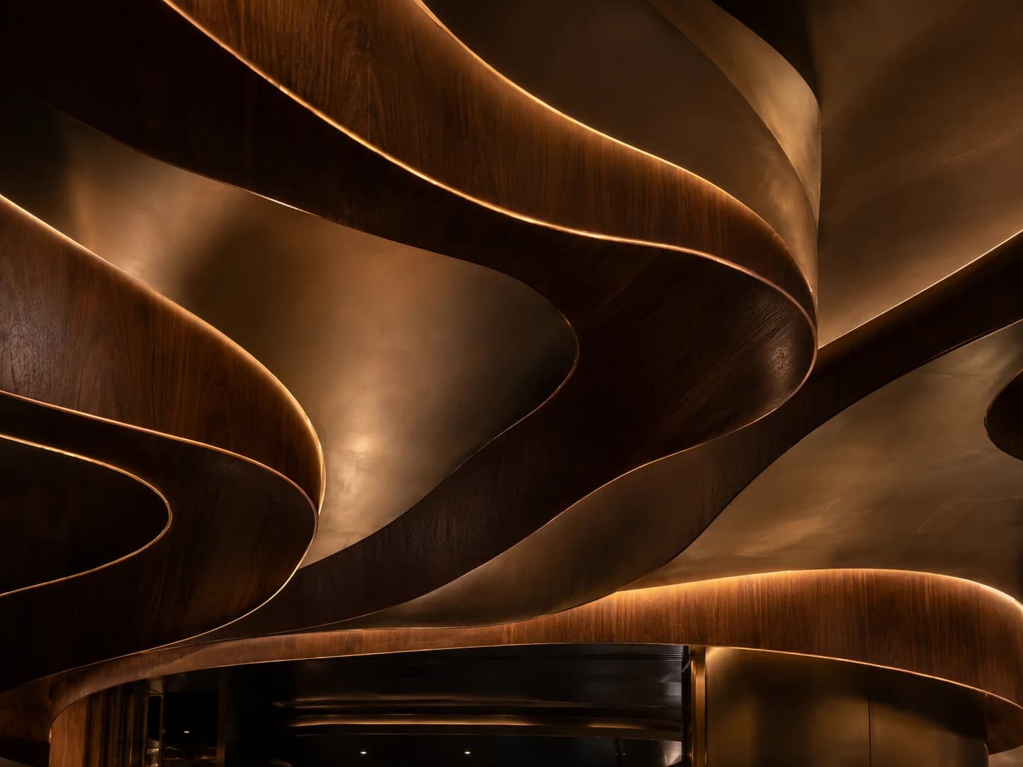 Sculptural Restaurant Ceiling Design Dubai Close-up of sculptural restaurant ceiling panels with integrated architectural lighting