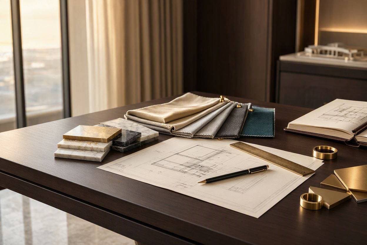 Luxury interior design material samples and blueprints for villa project cost estimation in Dubai