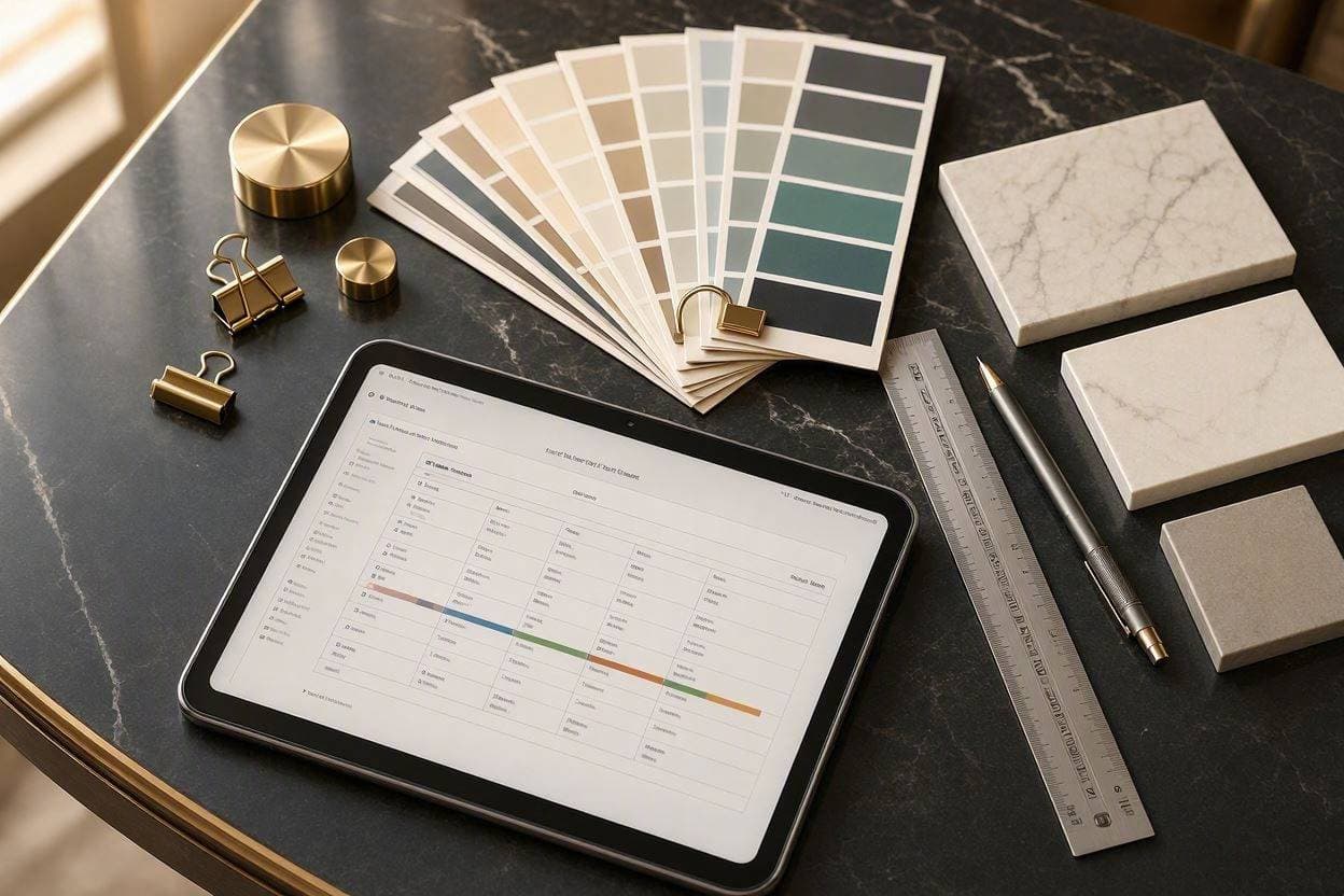 Architectural project timeline planning and material selection desk for villa interior design in Dubai