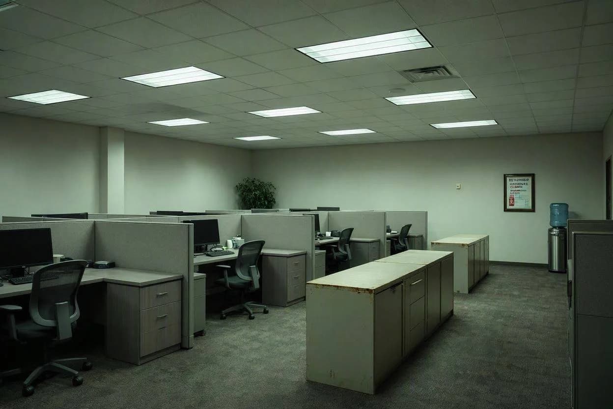 Weak Office Lighting Design Mistake Weak office lighting design in a commercial workspace